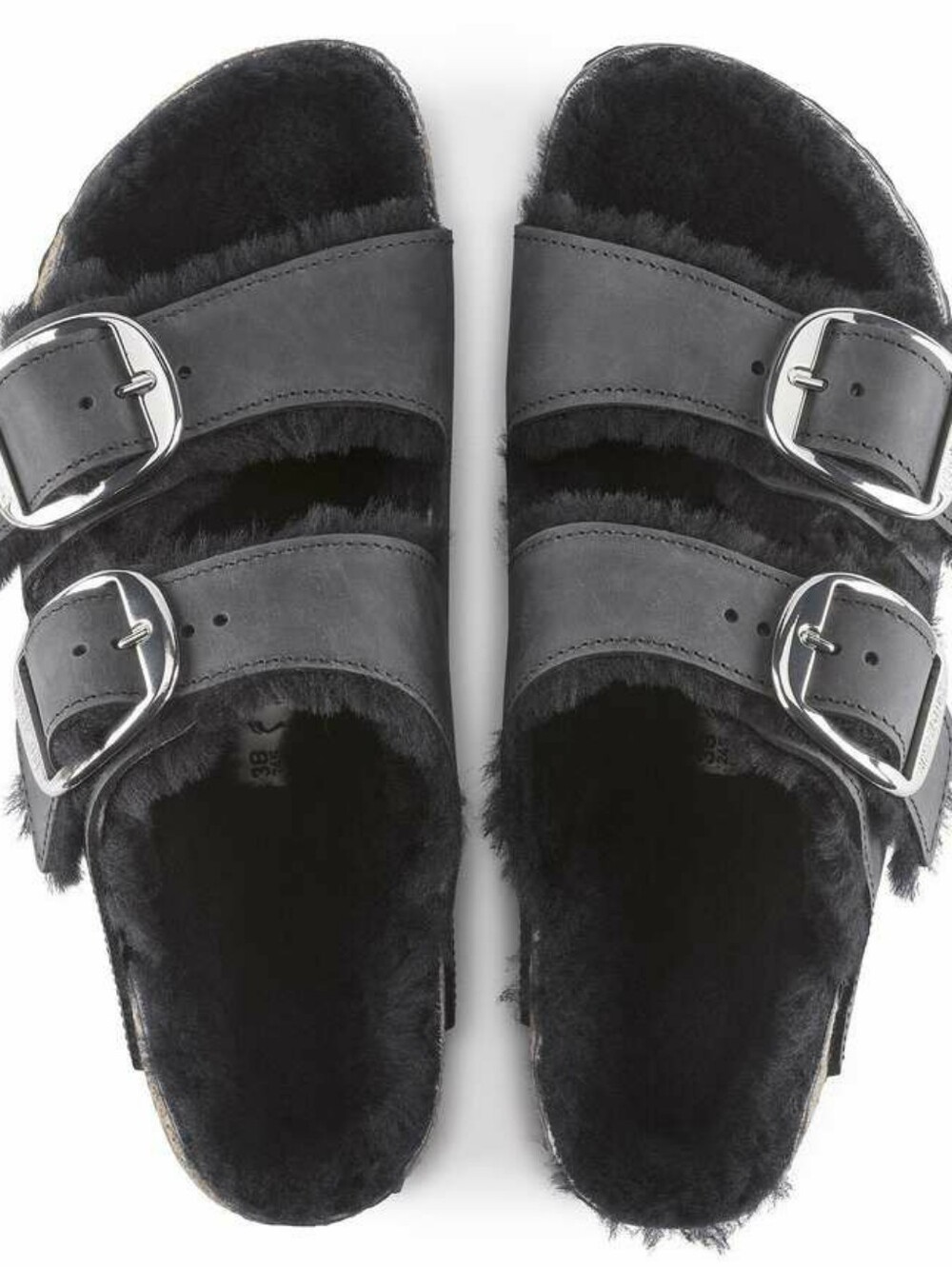 Birkenstock Arizona Big Buckle Shearling Oiled Black Leather Fur Lined Sandals 7